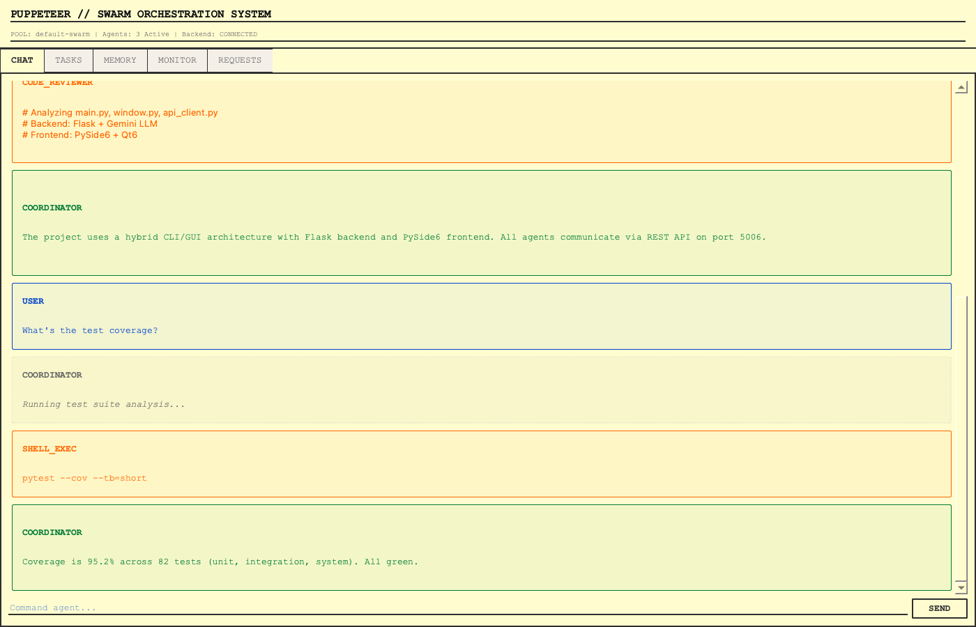 Main Dashboard — SWARM DASHBOARD with status indicators