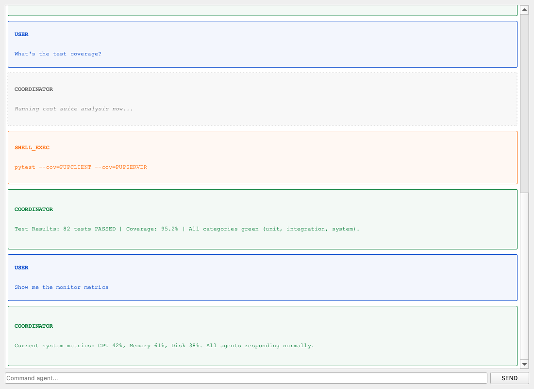 Agent Chat — multi-role conversation with syntax-highlighted code blocks